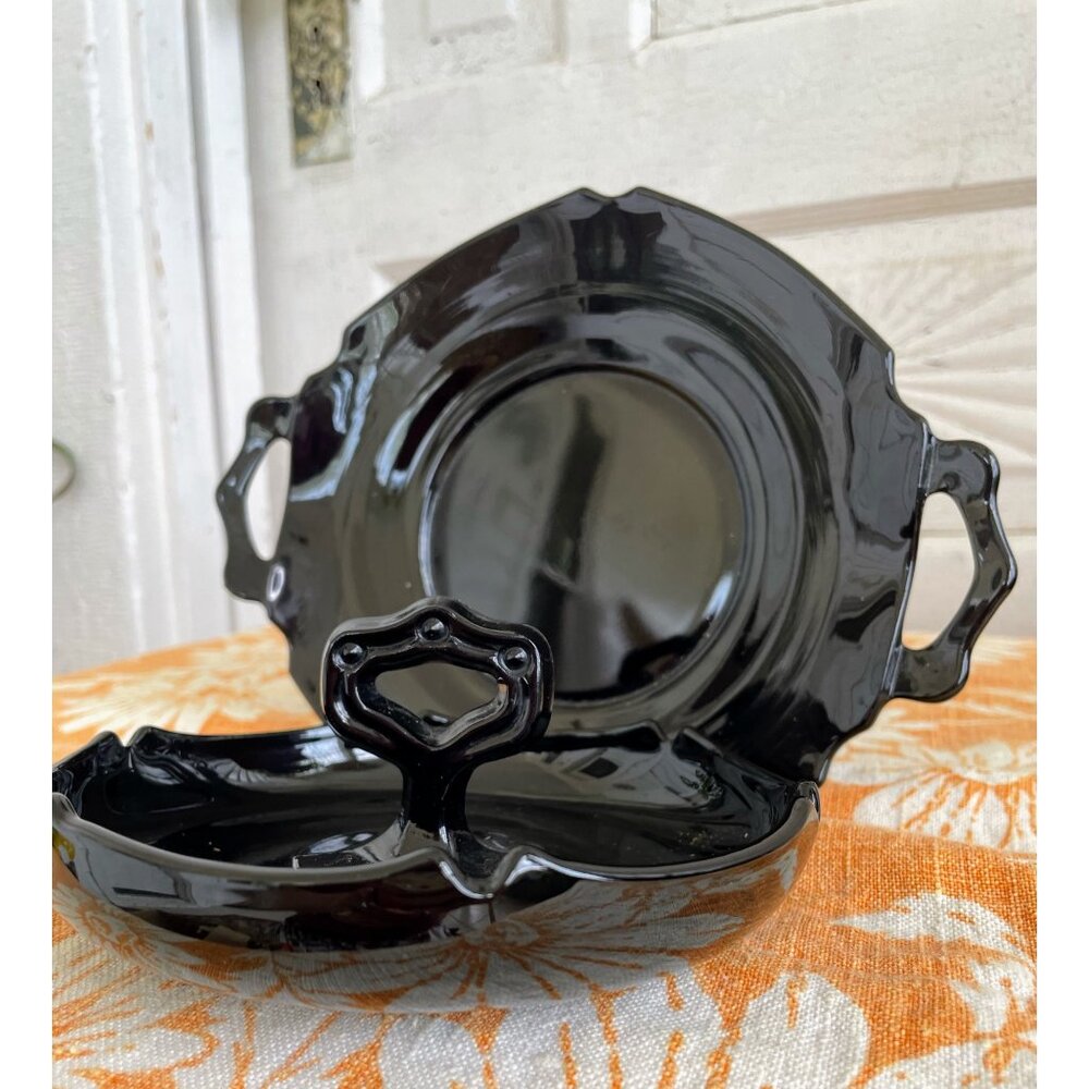 Vintage MCM Black Glass Set Handled Dish and Relish Plate
